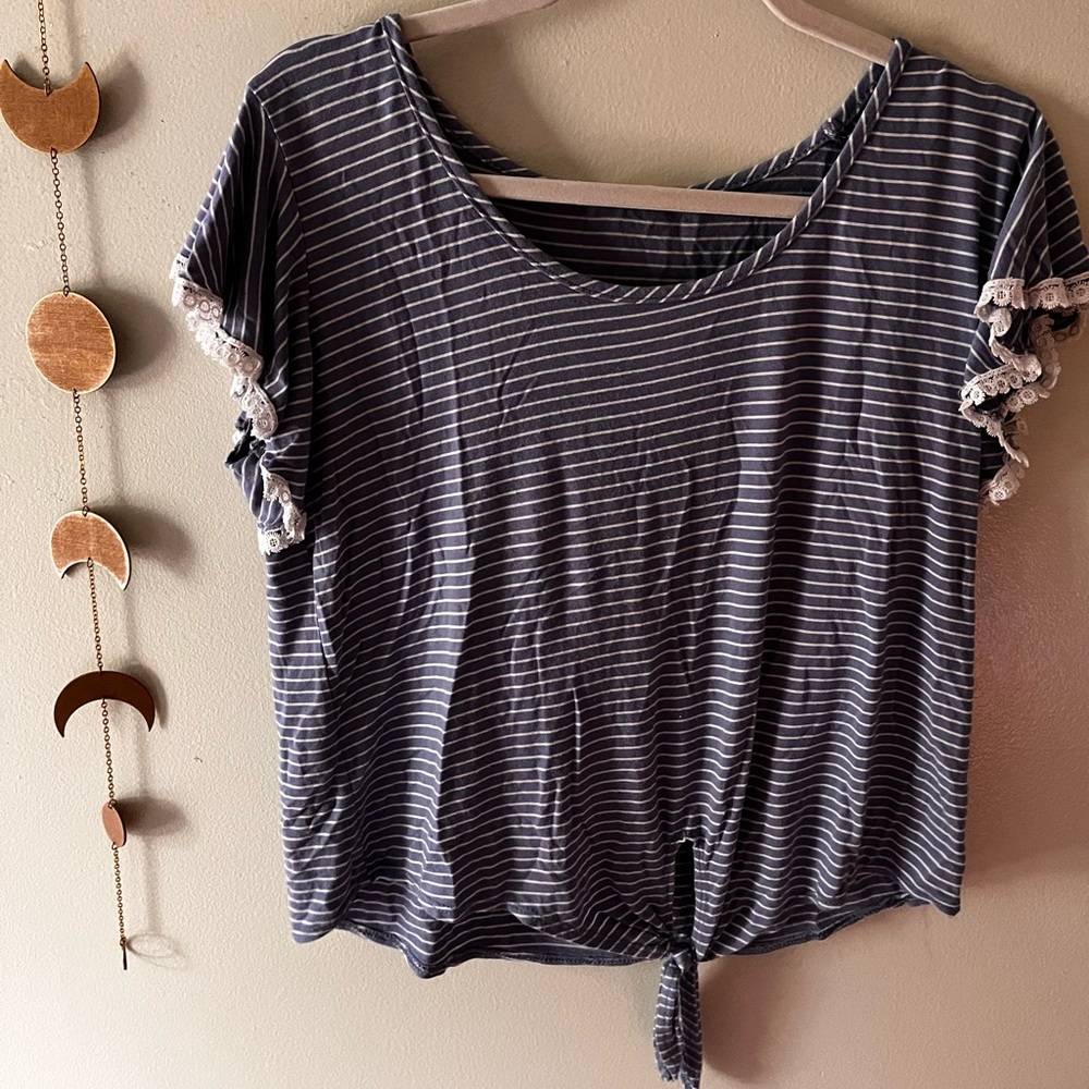 BLUE T-Shirt W/ white stripes and white laces by sleeve and a bow at the bottom
